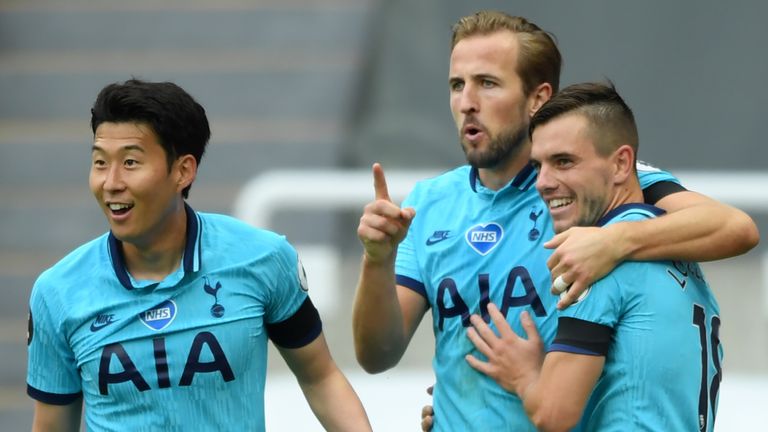 Harry Kane celebrates his goal with Tottenham team-mates Giovani Lo Celso and Heung-Min Son