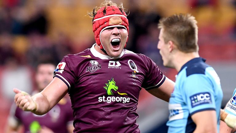 Reds try-scorer Harry Wilson celebrates a first victory over the Waratahs for the franchise since 2013