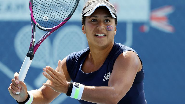 Heather Watson of Union Jacks in action during her match against Emma Raducanu of British Bulldogs during day four of the St. James's Place Battle Of The Brits Team Tennis at National Tennis Centre on July 30, 2020 in London, England