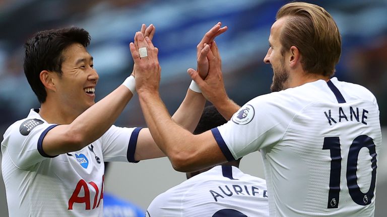Heung-Min Son celebrates with Harry Kane after giving Tottenham the lead against Leicester