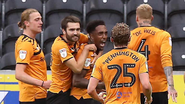 Hull City's Mallik Wilks celebrates scoring his side's second goal of the game during the Sky Bet Championship match at the KCOM Stadium, Hull. PA Photo. Issue date: Thursday July 2, 2020. See PA story SOCCER Hull. Photo credit should read: Martin Rickett/PA Wire. RESTRICTIONS: EDITORIAL USE ONLY No use with unauthorised audio, video, data, fixture lists, club/league logos or "live" services. Online in-match use limited to 120 images, no video emulation. No use in betting, games or single club/league/player publications.