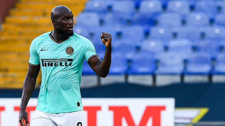 Romelu Lukaku of Inter celebrates after scoring a goal during the Serie A match between Genoa CFC and FC Internazionale at Stadio Luigi Ferraris on July 25, 2020 in Genoa, Italy.