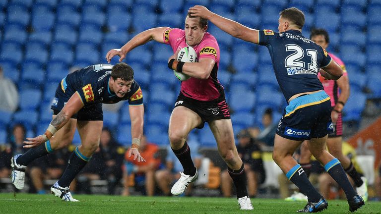 GOLD COAST, AUSTRALIA - JULY 26: Isaah Yeo of the Panthers takes on the defence during the round 11 NRL match between the Gold Coast Titans and the Penrith Panthers at Cbus Super Stadium on July 26, 2020 in Gold Coast, Australia. (Photo by Matt Roberts/Getty Images)