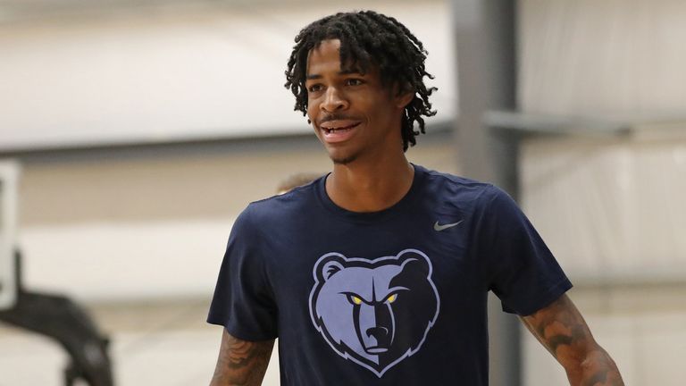 Ja Morant of the Memphis Grizzlies looks on during practice as part of the NBA Restart