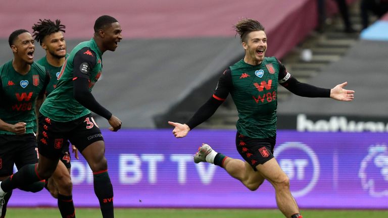 Jack Grealish celebrates his goal at West Ham