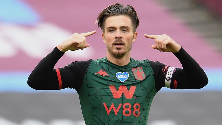 Jack Grealish celebrates after giving Villa a 1-0 lead at the London Stadium