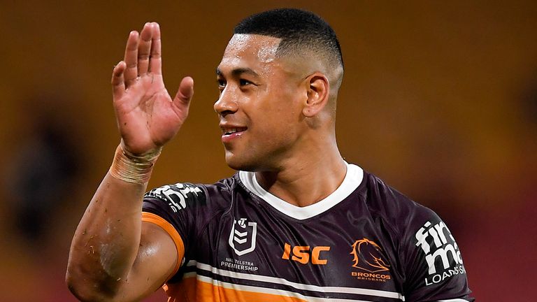 BRISBANE, AUSTRALIA - JULY 11: Jamayne Isaako of the Broncos salutes the fans after his team's victory during the round nine NRL match between the Brisbane Broncos and the Canterbury Bulldogs at Suncorp Stadium on July 11, 2020 in Brisbane, Australia. (Photo by Albert Perez/Getty Images)