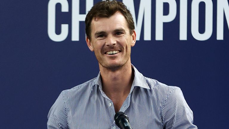 Jamie Murray makes a speech after the final during day 6 of Schroders Battle of the Brits at National Tennis Centre on June 28, 2020 in London, England. 