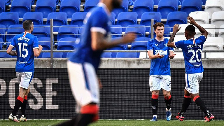 Jamie Barjonas celebrates his goal for Rangers vs Nice