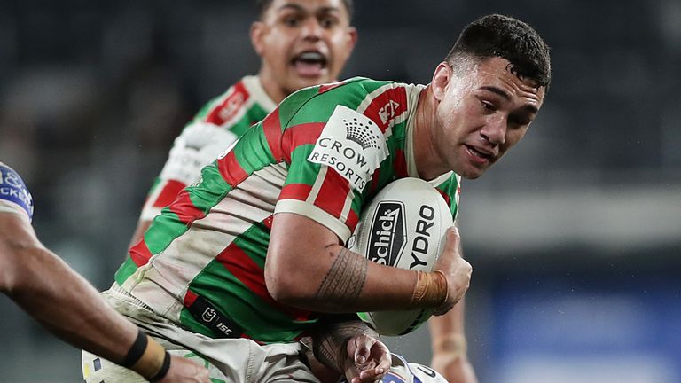 SYDNEY, AUSTRALIA - JULY 05: Jaydn Su'A of the Rabbitohs is tackled during the round eight NRL match between the Canterbury Bulldogs and the South Sydney Rabbitohs at Bankwest Stadium on July 05, 2020 in Sydney, Australia. (Photo by Mark Metcalfe/Getty Images)