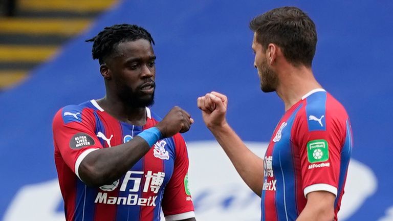 Jeffrey Schlupp fist bumps Joel Ward after scoring his equaliser