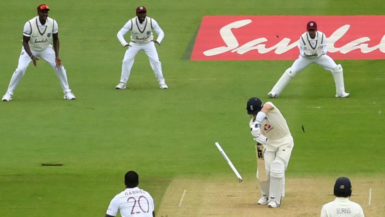 SOUTHAMPTON, ENGLAND - JULY 09: Joe Denly of England is bowled by Shannon Gabriel of the West Indies during day two of the 1st #RaiseTheBat Test match at The Ageas Bowl on July 09, 2020 in Southampton, England.