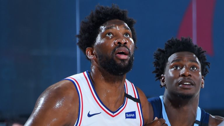 Joel Embiid in action for the Philadelphia 76ers in their opening scrimmage game in Orlando