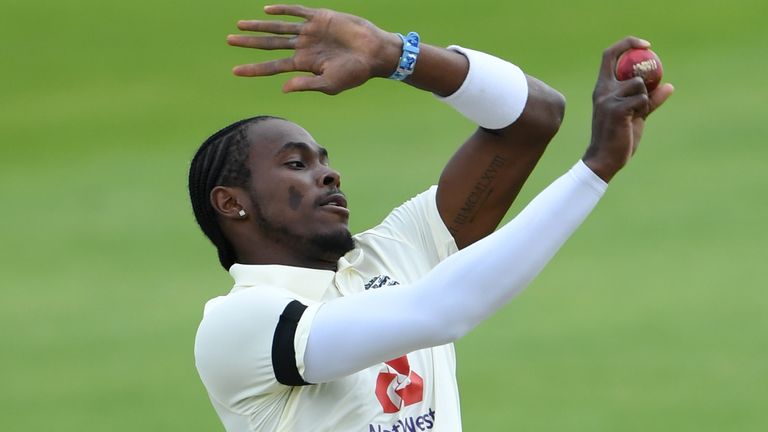 Paceman Jofra Archer bowls on day two of the England intra-squad match, wearing a black armband in memory of Sir Everton Weekes