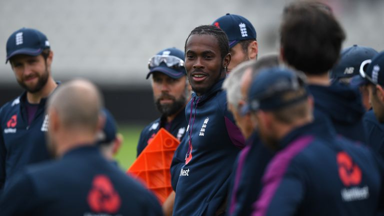 ofra Archer of England speaks to his teammates prior to a England Nets Session at Emirates Old Trafford on July 22, 2020 in Manchester, England. (Ph