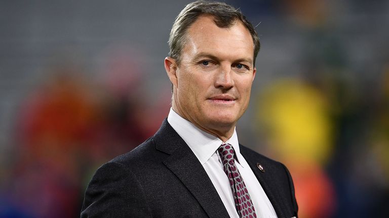 General Manager John Lynch of the San Francisco 49ers watches action prior to a game against the Green Bay Packers at Lambeau Field on October 15, 2018 in Green Bay, Wisconsin