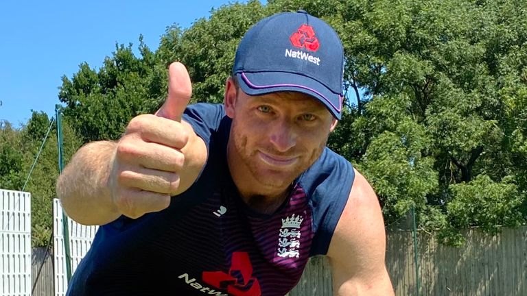 SOUTHAMPTON, ENGLAND - JUNE 25: In this handout image provided by ECB, Jos Buttler gives the thumbs up during an England training session at The Ageas Bowl on June 25, 2020 in Southampton, England. 
