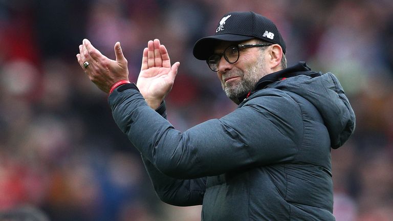 Jurgen Klopp, Manager of Liverpool celebrates following his sides victory in the Premier League match between Liverpool FC and AFC Bournemouth at Anfield on March 07, 2020 in Liverpool, United Kingdom.