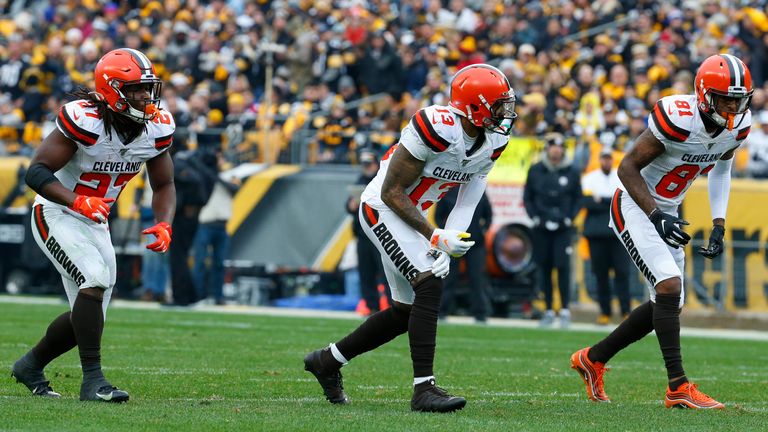 Kareem Hunt, Odell Beckham and Rashard Higgins of the Cleveland Browns in action against the Pittsburgh Steelers