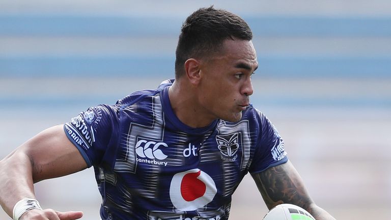 ROTORUA, NEW ZEALAND - MARCH 01: Warriors Ken Maumalo makes a break during the NRL trial match between the Warriors and the Wests Tigers on March 01, 2020 in Rotorua, New Zealand. (Photo by Michael Bradley/Getty Images)