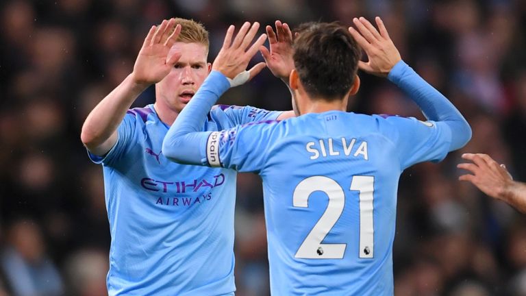 Kevin De Bruyne of Manchester City celebrates with teammates after scoring his team's second goal as ch during the Premier League match between Manchester City and Chelsea FC at Etihad Stadium on November 23, 2019 in Manchester, United Kingdom.