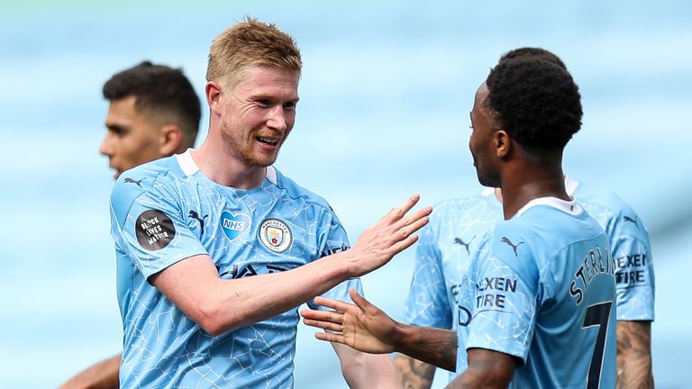 Kevin De Bruyne celebrates with Raheem Sterling after doubling Man City's lead
