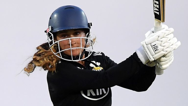 LONDON, ENGLAND - JULY 22: Kira Chathli of Surrey bats during the London Cup T20 match between Surrey Women and Middlesex Women at The Kia Oval on July 22, 2020 in London, England