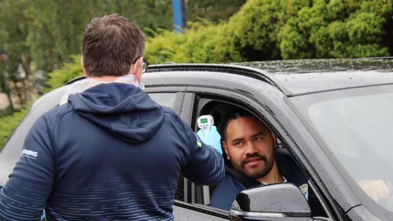 Leeds Rhinos' Konrad Hurrell has his temperature checked as he arrives for training.