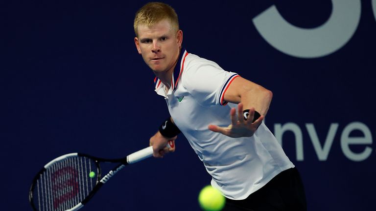 Kyle Edmund plays a forehand shot during his singles match against Andy Murray on day 2 of Schroders Battle of the Brits at the National Tennis Centre on June 24, 2020 in London, England