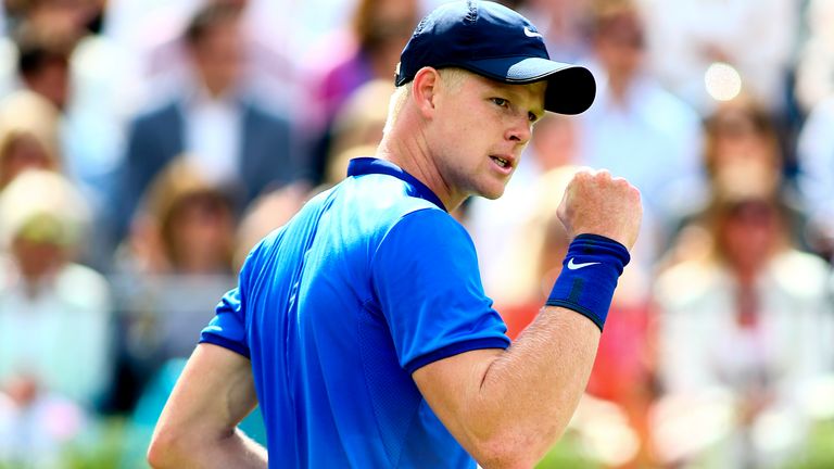 Kyle Edmund of Great Britain celebrates a game point during his quarter-final match against Andy Murray of Great Britain during day five of the Aegon Championships at the Queens Club on June 17, 2016 in London, England