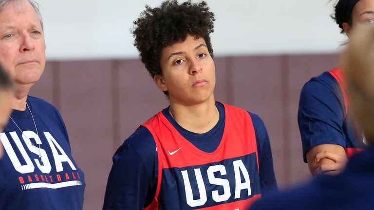 STANFORD, CA - NOVEMBER 1: Layshia Clarendon of Team USA look on during the USA Women's National Team Practice on November 1, 2019 at Stanford Maples Pavilion in Stanford, California. NOTE TO USER: User expressly acknowledges and agrees that, by downloading and/or using this Photograph, user is consenting to the terms and conditions of the Getty Images License Agreement. Mandatory Copyright Notice: Copyright 2019 NBAE (Photo by Jack Arent/NBAE via Getty Images) 
