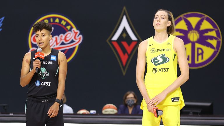 Layshia Clarendon of the New York Liberty speaks about the &#34;Say Her Name&#34; campaign and asked for a moment of silence for 26 seconds prior to the game against the Seattle Storm