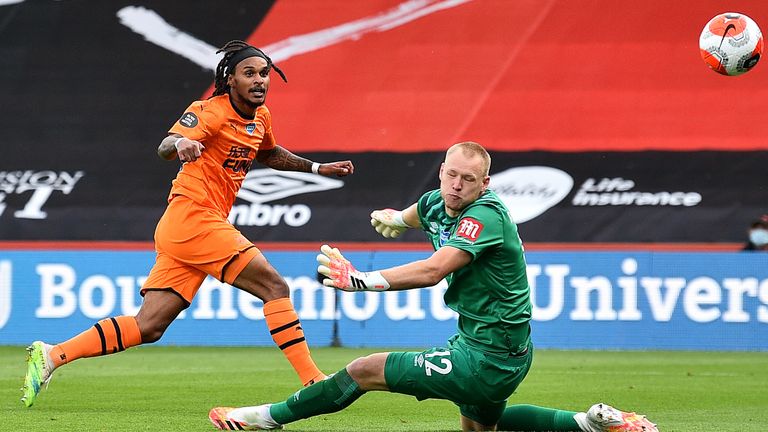 Valentino Lazaro of Newcastle United scores his team's fourth goal past Aaron Ramsdale of AFC Bournemouth during the Premier League match between AFC Bournemouth and Newcastle United at Vitality Stadium on July 01, 2020 in Bournemouth, England.