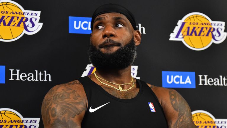 LeBron James speaks to reporters at Lakers media availability at the NBA&#39;s central Florida campus