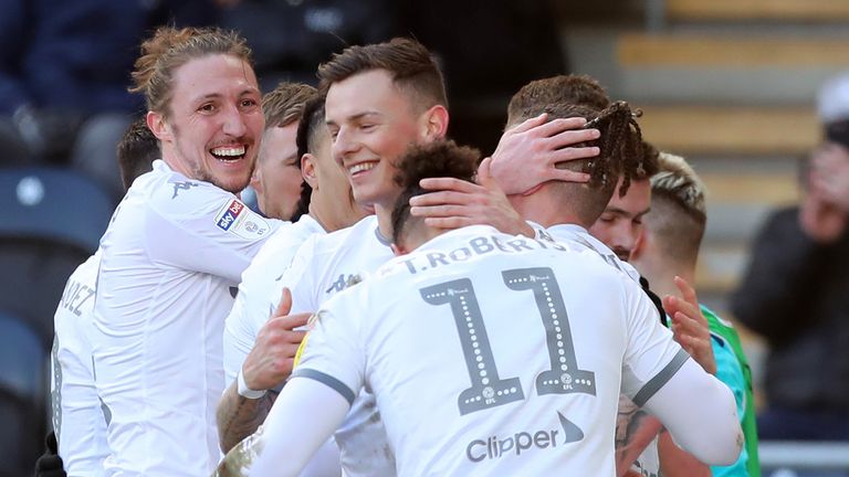 Leeds United celebrate a Tyler Roberts goal during the Sky Bet Championship match between Hull City and Leeds United at KCOM Stadium on February 29, 2020 in Hull, England.