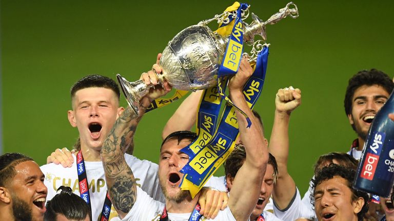 Leeds United lift the Sky Bet Championship trophy