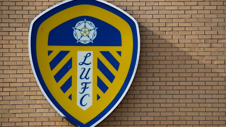 LEEDS, ENGLAND - MARCH 23: A general view of the club crest outside Elland Road, home of Leeds United Football Club on March 23, 2020 in Leeds, England (Photo by Visionhaus)