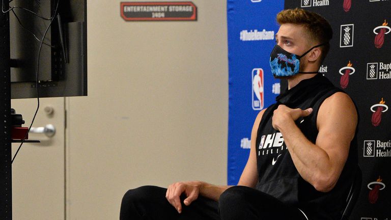 Meyers Leonard of the Miami Heat talks to the media during practice as part of the NBA Restart 2020