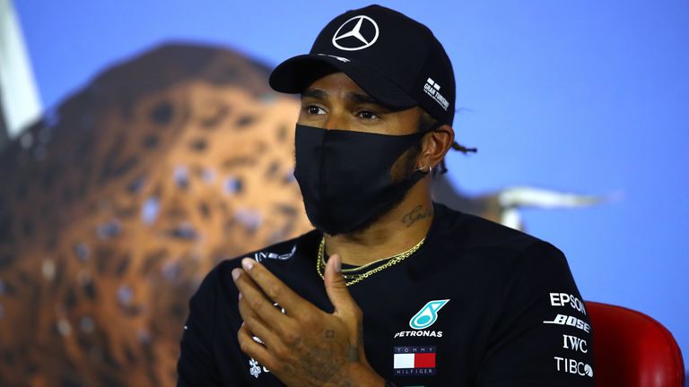 SPIELBERG, AUSTRIA - JULY 09: Lewis Hamilton of Great Britain and Mercedes GP talks in the Drivers Press Conference during previews for the F1 Grand Prix of Styria at Red Bull Ring on July 09, 2020 in Spielberg, Austria. (Photo by Bryn Lennon/Getty Images)