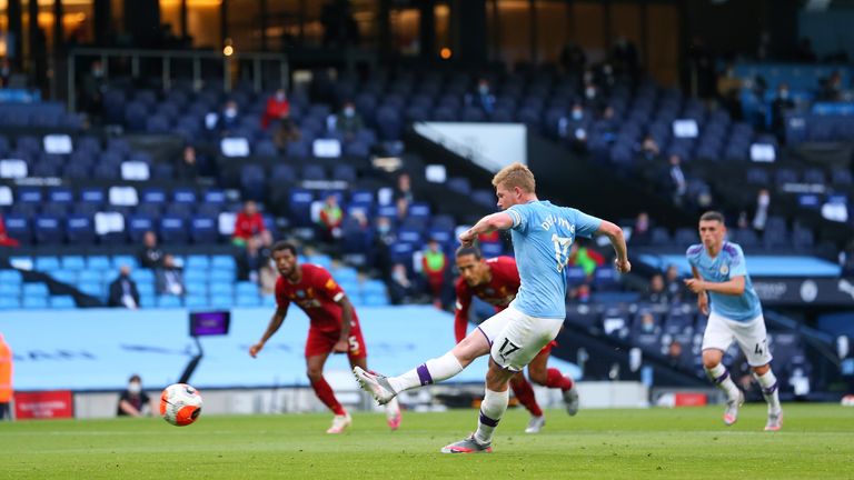 Kevin De Bruyne opens the scoring from the penalty spot for Manchester City against Liverpool