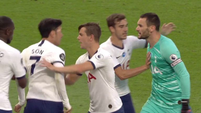 Hugo Lloris and Heung-Min Son square up at halftime during Tottenham's match with Everton.