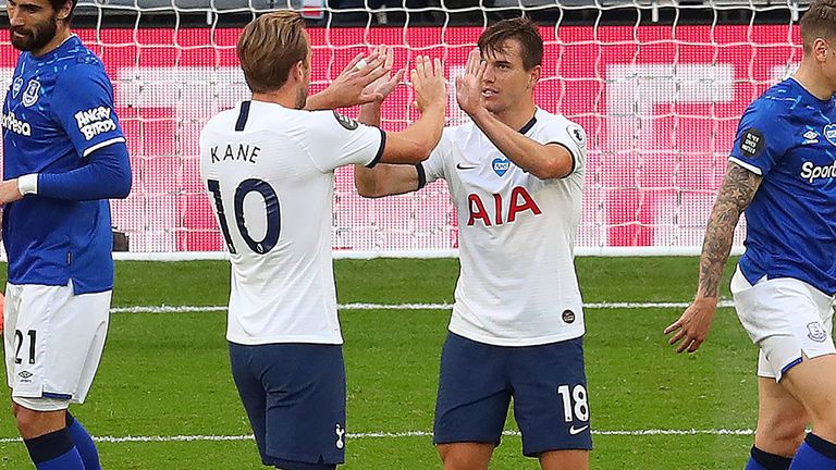 Giovani Lo Celso celebrates with Harry Kane after scoring the opener for Tottenham against Everton.