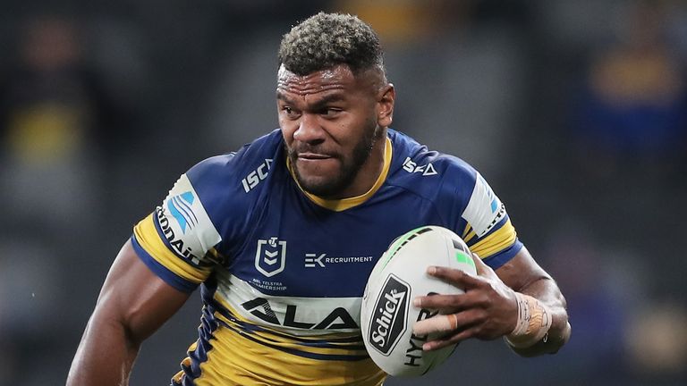 SYDNEY, AUSTRALIA - JULY 03: Make Sivo of the Eels runs with the ball during the round eight NRL match between the Parramatta Eels and the North Queensland Cowboys at Bankwest Stadium on July 03, 2020 in Sydney, Australia. (Photo by Matt King/Getty Images)