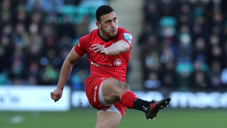  Manu Vunipola of Saracens kicks a conversion during the Gallagher Premiership Rugby match between Northampton Saints and Saracens at Franklin's Gardens on February 29, 2020 in Northampton, England. 