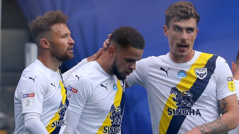 Marcus Browne celebrates his equaliser for Oxford United against Portsmouth