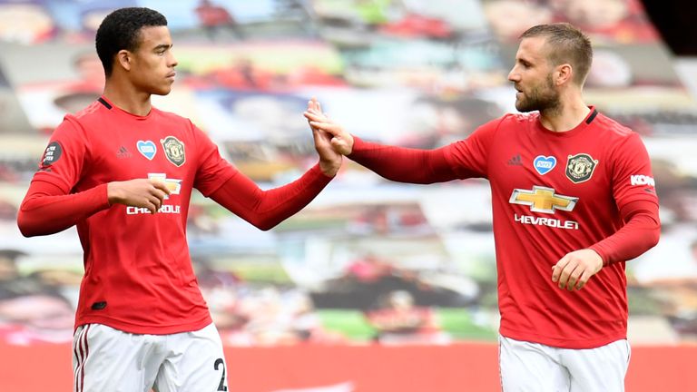 Mason Greenwood of Manchester United celebrates with teammate Luke Shaw of Manchester United after scoring his team&#39;s first goal during the Premier League match between Manchester United and AFC Bournemouth at Old Trafford on July 04, 2020 in Manchester, England. 