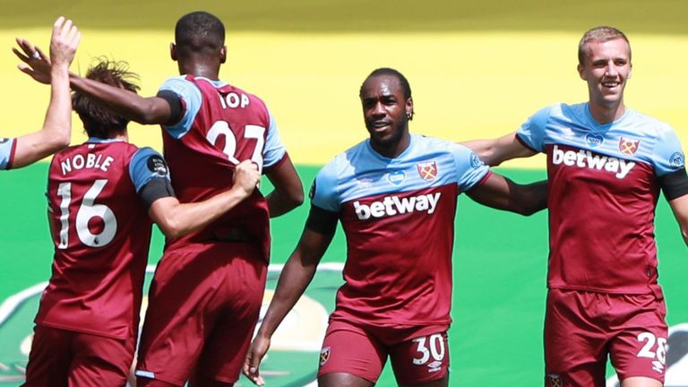 Michail Antonio celebrates with West Ham team-mates after scoring against Norwich