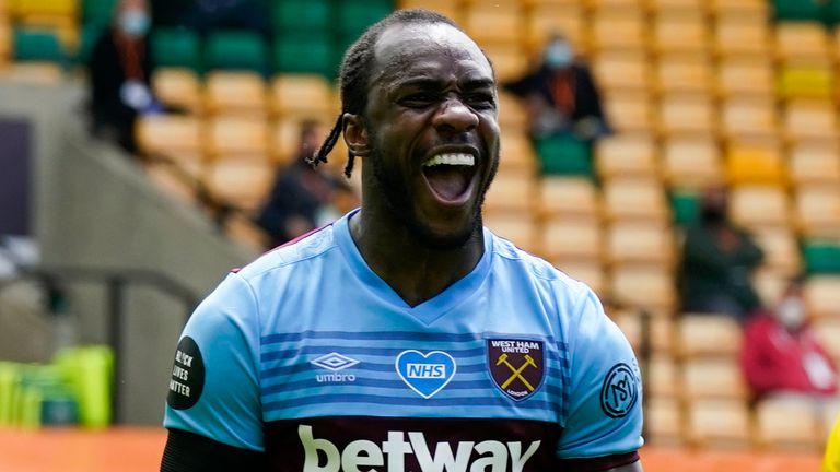 Michail Antonio celebrates after scoring for West Ham against Norwich