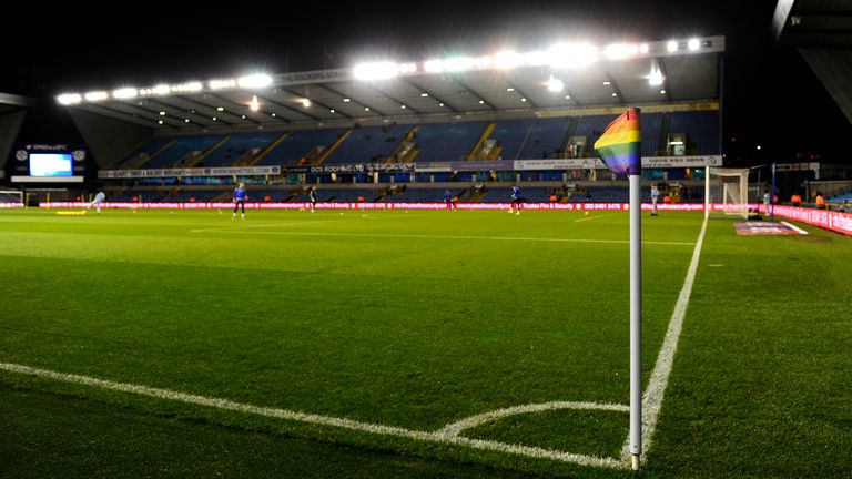 LONDON, ENGLAND - NOVEMBER 28: A corner flag is pictured with the colours of the 'Stonewall Rainbow' campaign prior to the Sky Bet Championship match between Millwall and Birmingham City at The Den on November 28, 2018 in London, England. (Photo by Alex Burstow/Getty Images)