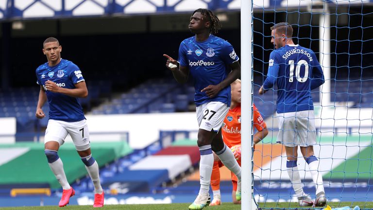 Moise Kean celebrates tapping Everton level in the first half at Goodison